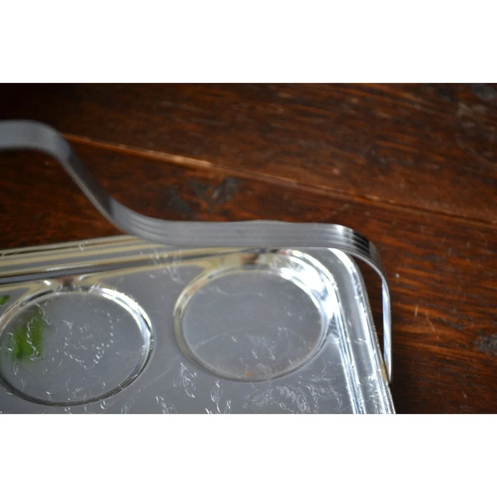 Chrome Drink‎ Tray Metal Handle Bar Cart glass storage mid century barware decor